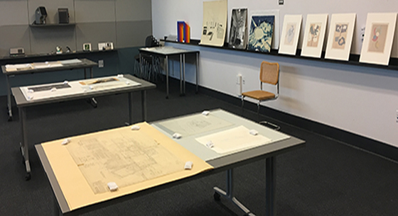 A view of the History of Art & Architecture's Center for Object Based Research and Learning before the inaugural meeting of ARTHI 186SV: Seminar in Modern Architecture: Bauhaus in California, taught by Professor Volker M. Welter in Fall 2019. Instructors hold courses in COBRAL to teach with objects borrowed from the Art, Design & Architecture Museum and the Architecture and Design Collection for study and facilitating discussion. (image taken 9/30/19)