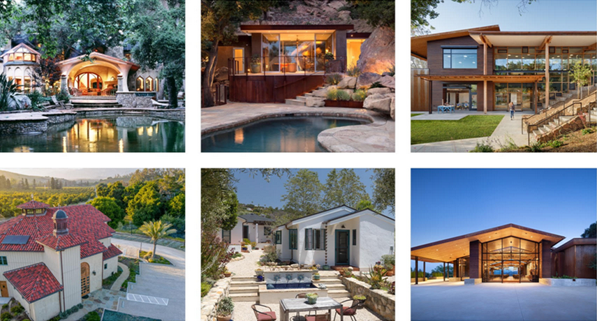 Top row: La Rana Canta, Ojai; Mountain Drive Cabana, Santa Barbara; Thacher School – Gates Building, Ojai; Bottom row: Santa Barbara Islamic Center, Goleta; Garden ADU, Santa Barbara; and, Thacher School – Dining Pavilion, Ojai.