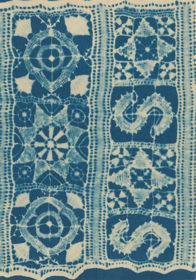 Julia Herschel, "Part of an old sampler of Roman lace," 1869. Cyanotype from A Handbook for Greek and Roman Lacemaking. London, 1869. New York Public Library, Spencer Collection.