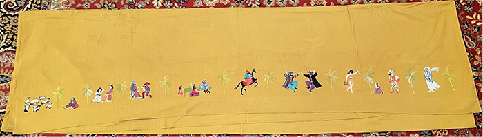 Ethel Wright Mohamed, Arabian Nights Pillowcases and Sheet, 1964. Embroidery, dimensions unknown. Mama’s Dream World: The Ethel Wright Mohamed Stitchery Museum, Belzoni, MS; image courtesy of The Ethel Wright Mohamed Stitchery Museum and the Mohamed Family