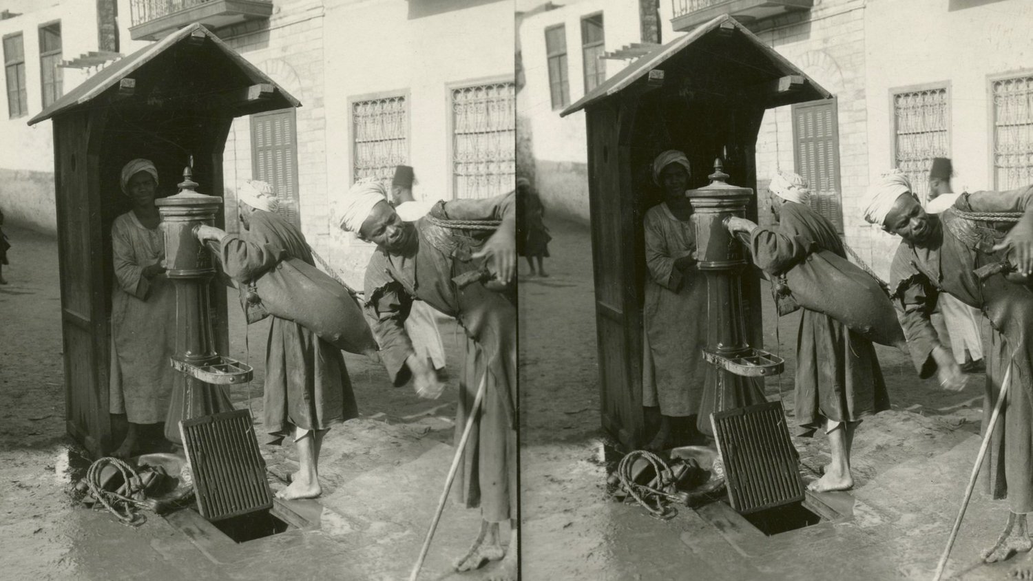 The goatskins hold from 2x4 weibas of water [weibas 8 gallon]. These men are employed in sprinkling of the streets and labor all day for six piastres. Cairo, Egypt (inscription on verso). Keystone photo print, 1931, Keystone View Company. Courtesy: Keystone-Mast Collection, UCR/California Museum of Photography, University of California at Riverside.