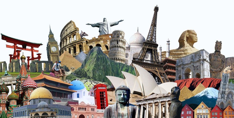 A layered composition of pictures of iconic architecture and sculpture throughout the world