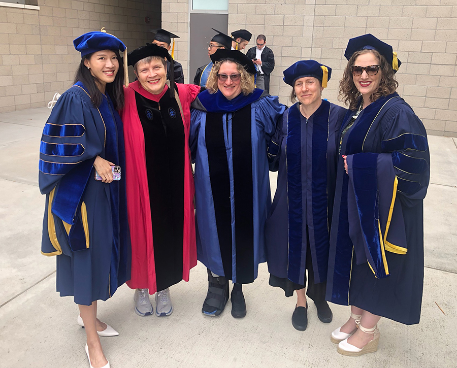 The HAA Ph.D. Graduates and Faculty who attended the 2022 Graduate Division Commencement (L to R): Dr. Yun-chen Lu, Professor Laurie Monahan, Professor Jenni Sorkin, Dr. Holly Gore, and Dr. Virginia Reynolds Badgett