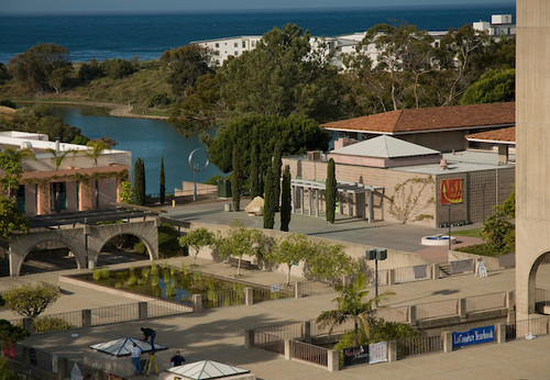 Aerial view of Storke Plaza, with Art, Design & Architecture Museum at right (photo © Tony Mastres)